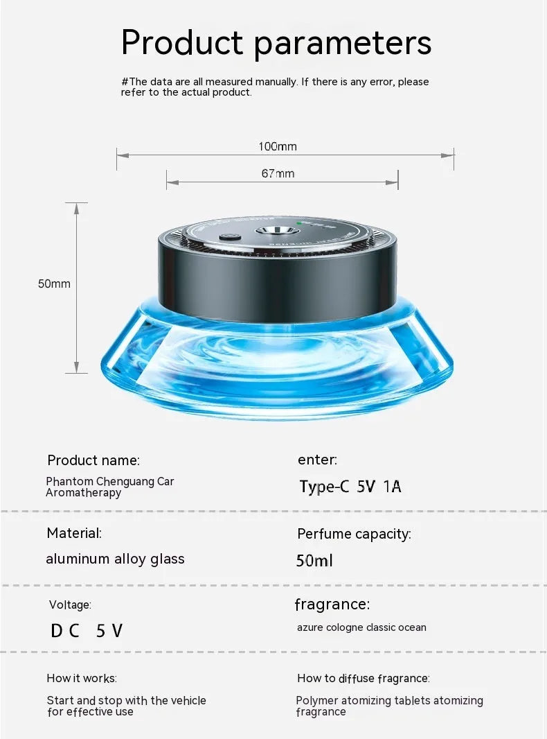 Magnetic car air freshener unit in Gentleman's Black or Qian Shan Cui colour, shown with fragrance fluid.
