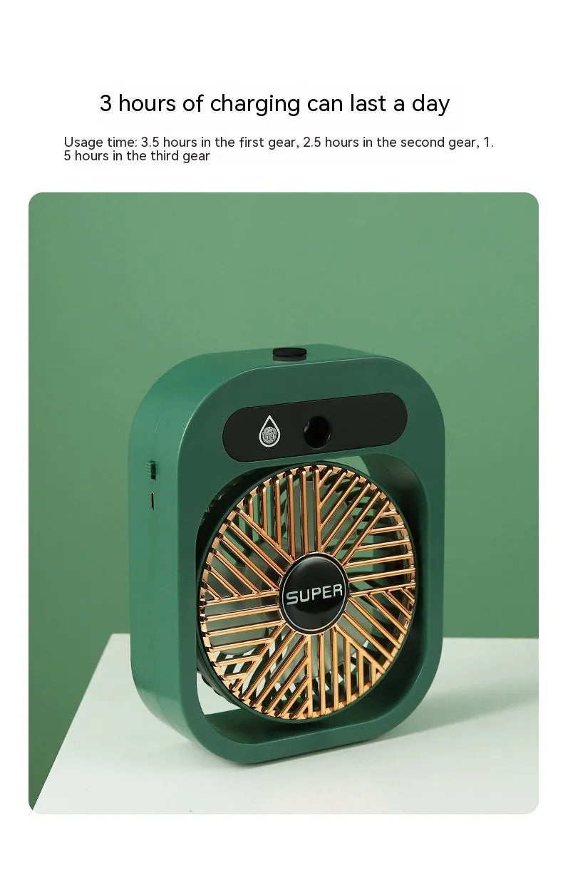 Green and white USB portable misting fan with humidifier function on desk