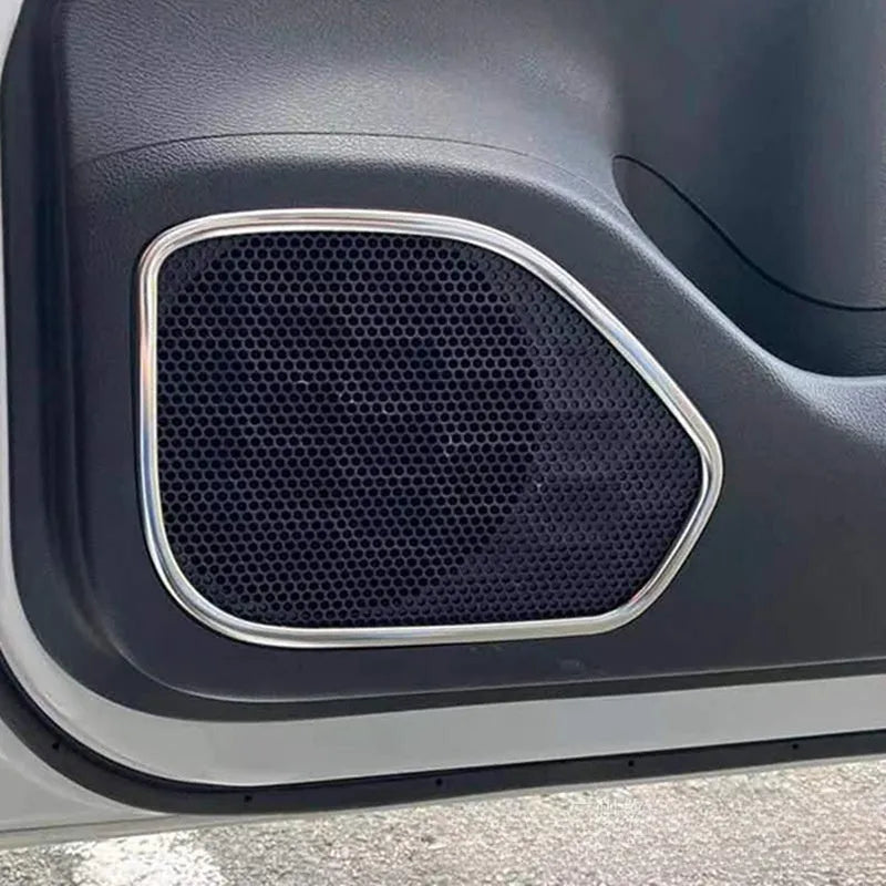 Silver stainless steel interior door audio frame trim for ROOX40 vehicles