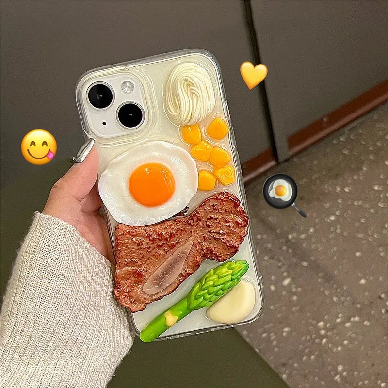 Creative 3D steak omelette epoxy phone case for iPhone models, anti-fall protective cover.