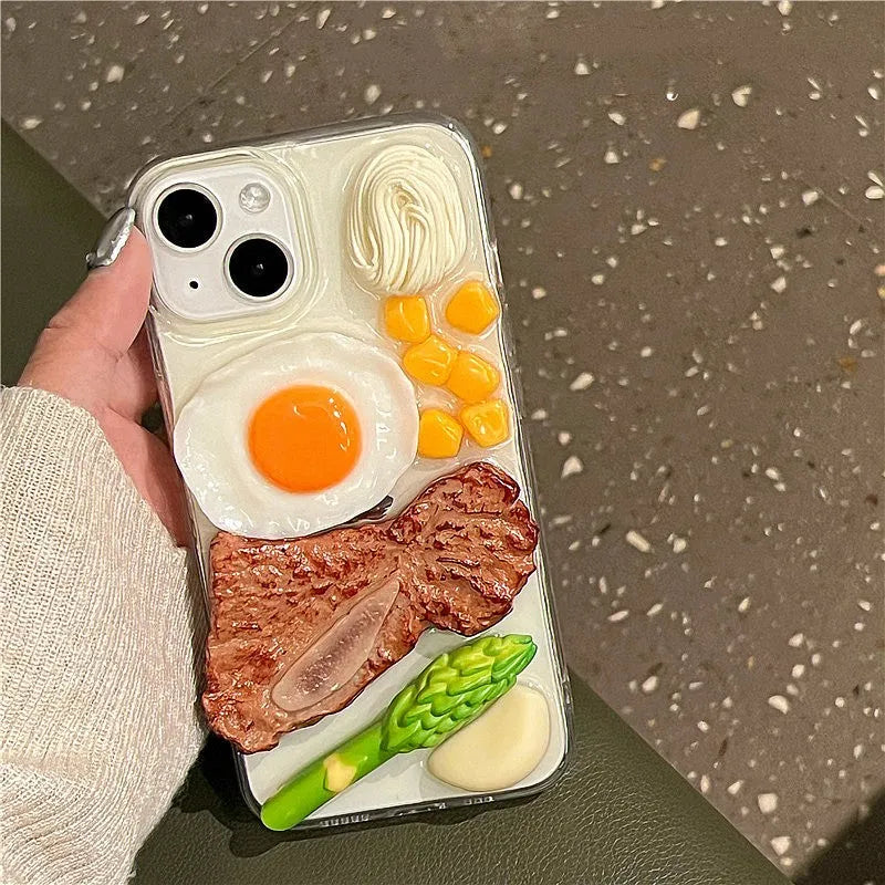 Creative 3D steak omelette epoxy phone case for iPhone models, anti-fall protective cover.