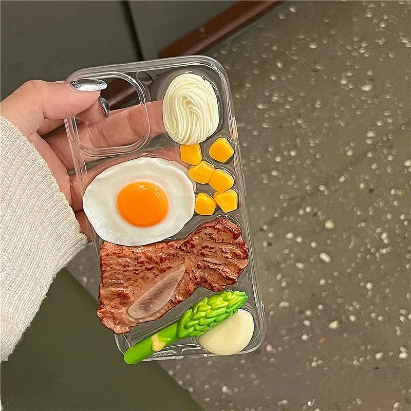 Creative 3D steak omelette epoxy phone case for iPhone models, anti-fall protective cover.