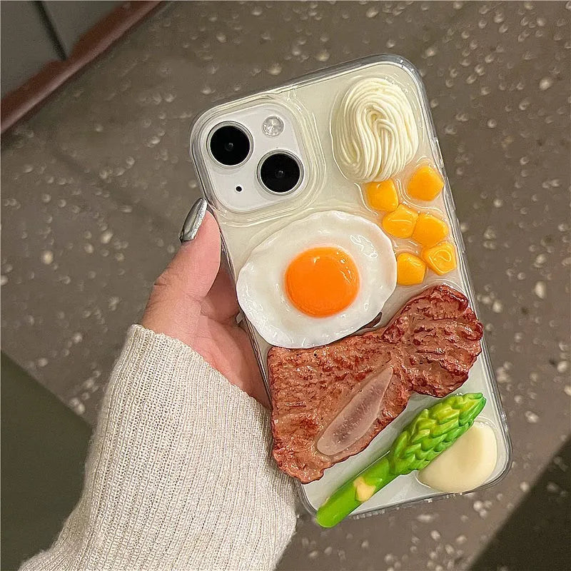 Creative 3D steak omelette epoxy phone case for iPhone models, anti-fall protective cover.