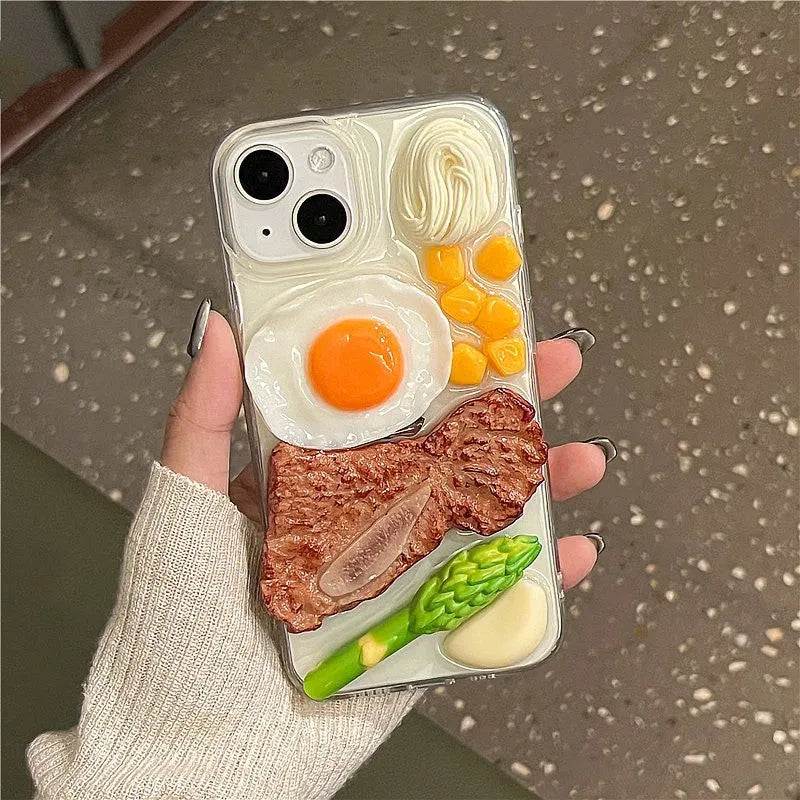 Creative 3D steak omelette epoxy phone case for iPhone models, anti-fall protective cover.