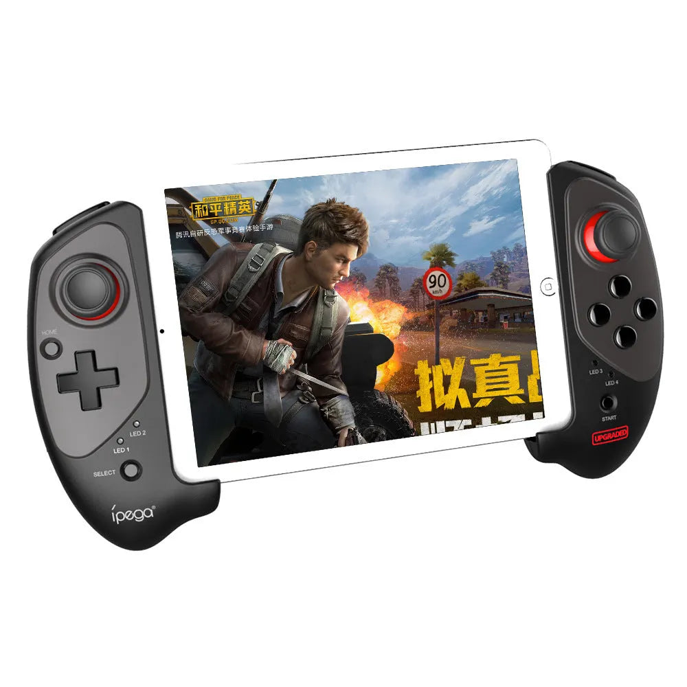Red telescopic gamepad controller showing USB port and mobile device holder