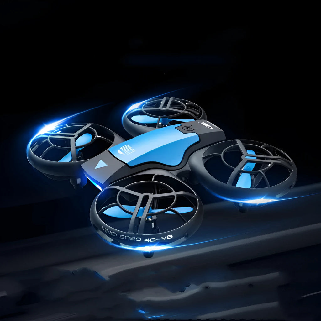 Blue and orange V8 mini RC drone quadcopter with propellers, showing remote control and storage bag.