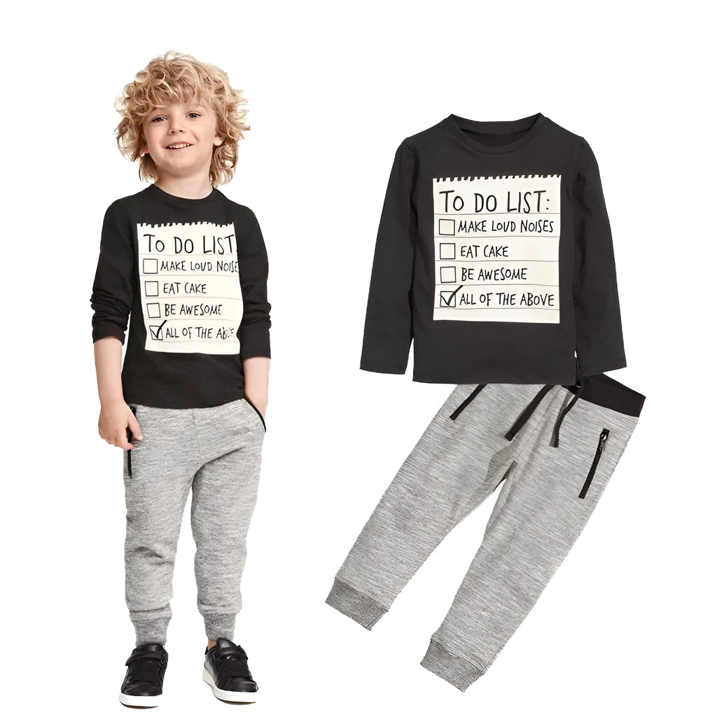 Boys casual cotton two-piece clothing set with long sleeve letter t-shirt and pants