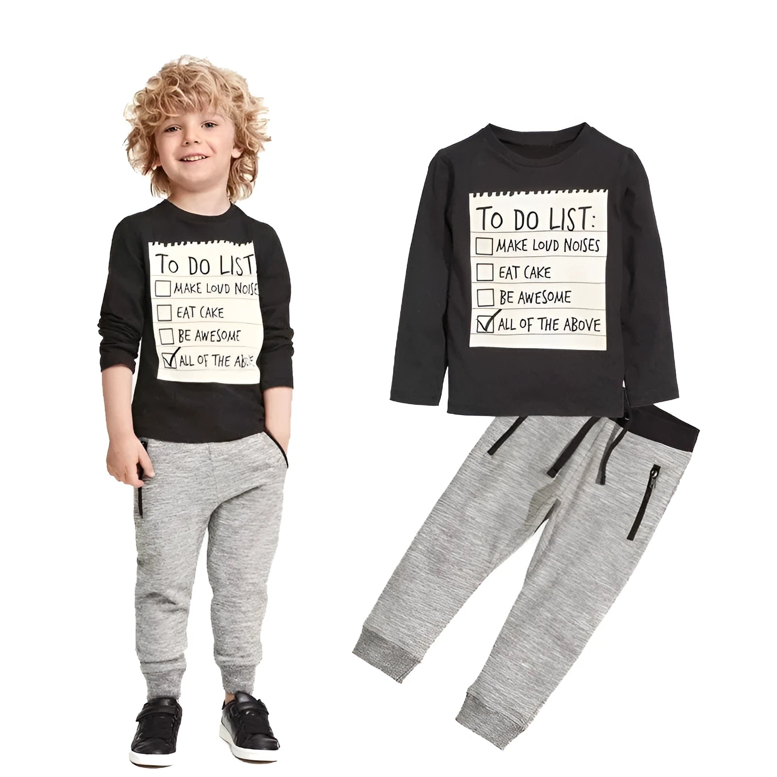 Boys casual cotton two-piece clothing set with long sleeve letter t-shirt and pants