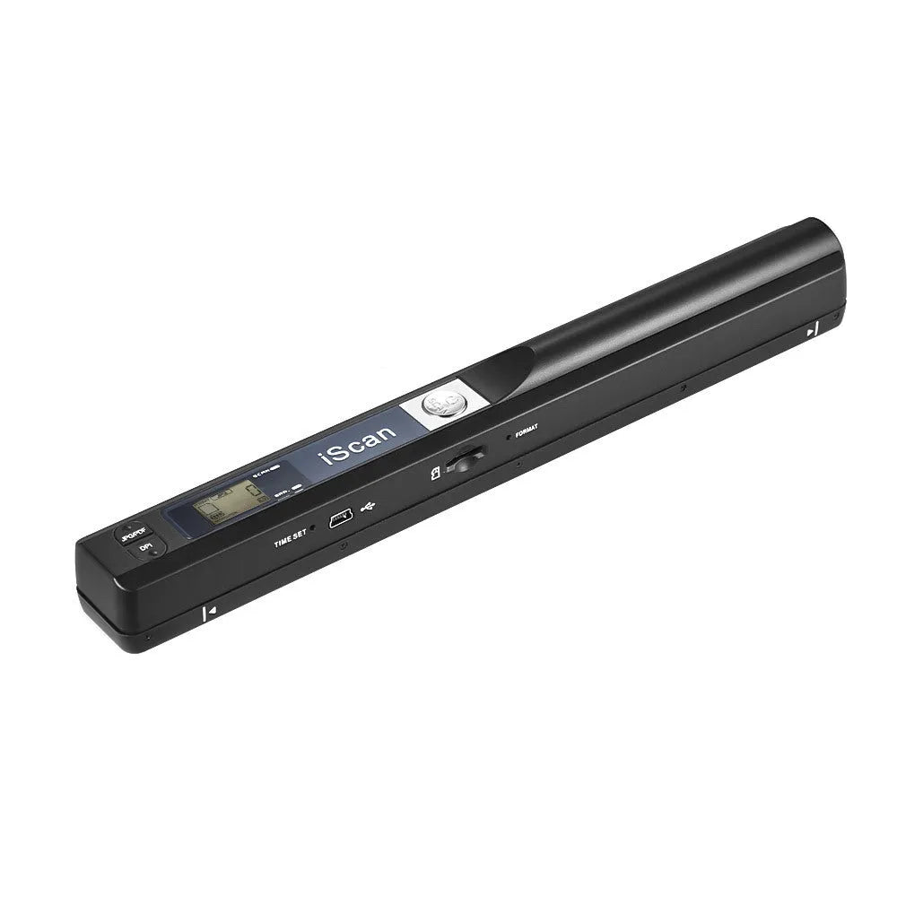 Handheld plastic scanner held in hand, shown in black, blue, green, red, and silver colour options.