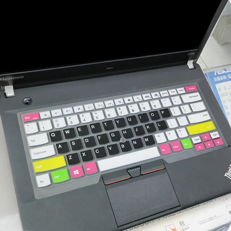 14-inch Lenovo laptop keyboard with colourful silicone protective film cover showing full key coverage