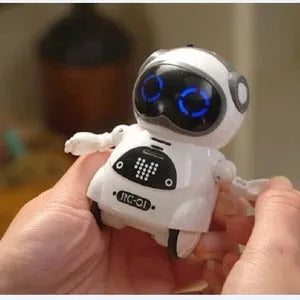 Mini pocket robot toy in blue, pink or white, 6.5 x 5 x 8.5 cm, with voice dialogue, singing, dancing and lighting