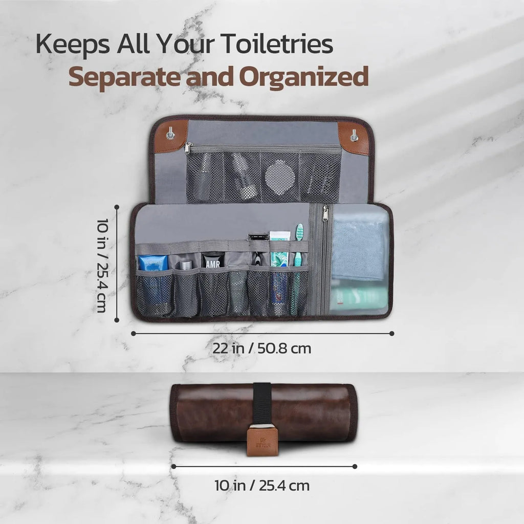 Men's portable reel wash bag in black or light brown with buggy bag design for travel toiletries storage
