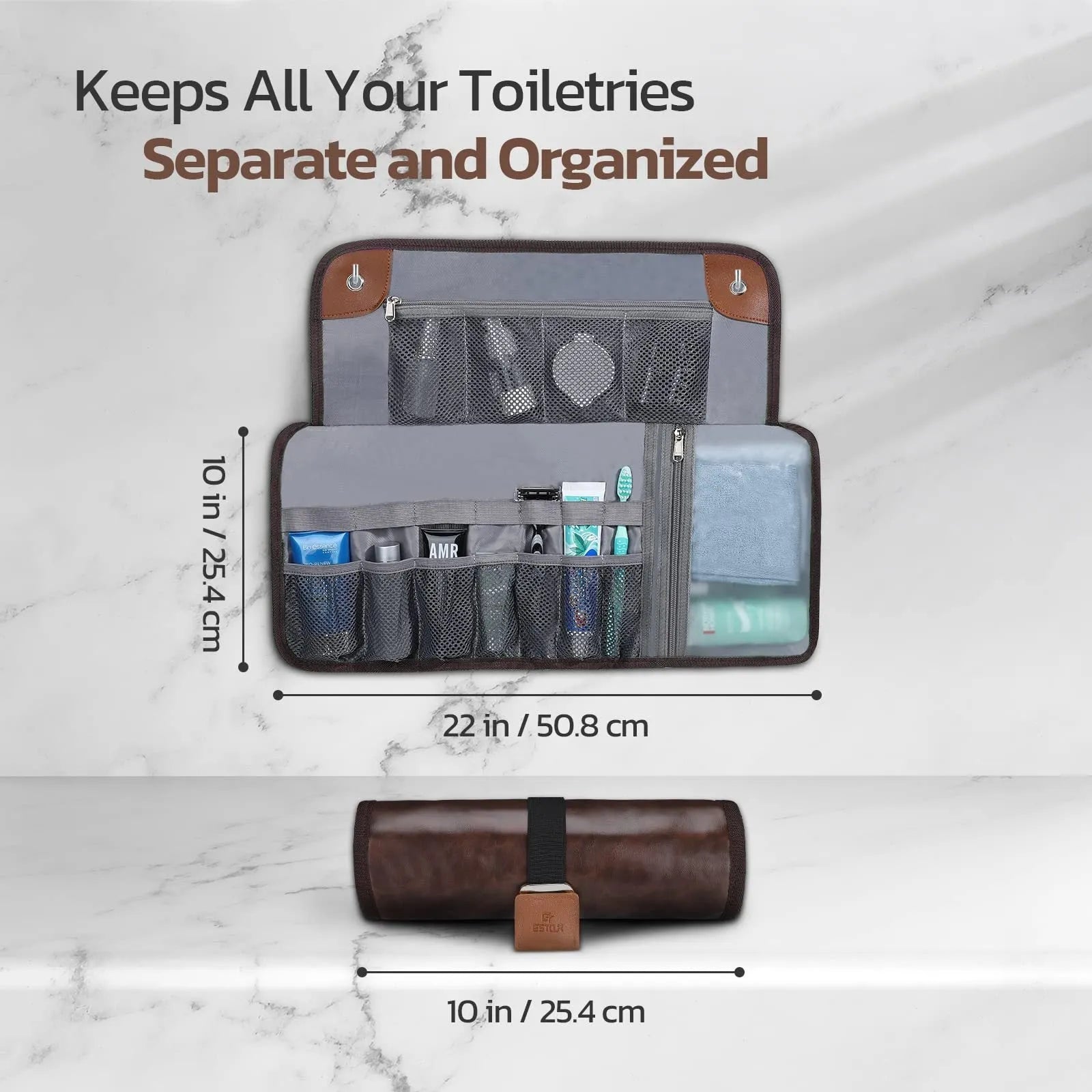 Men's portable reel wash bag in black or light brown with buggy bag design for travel toiletries storage