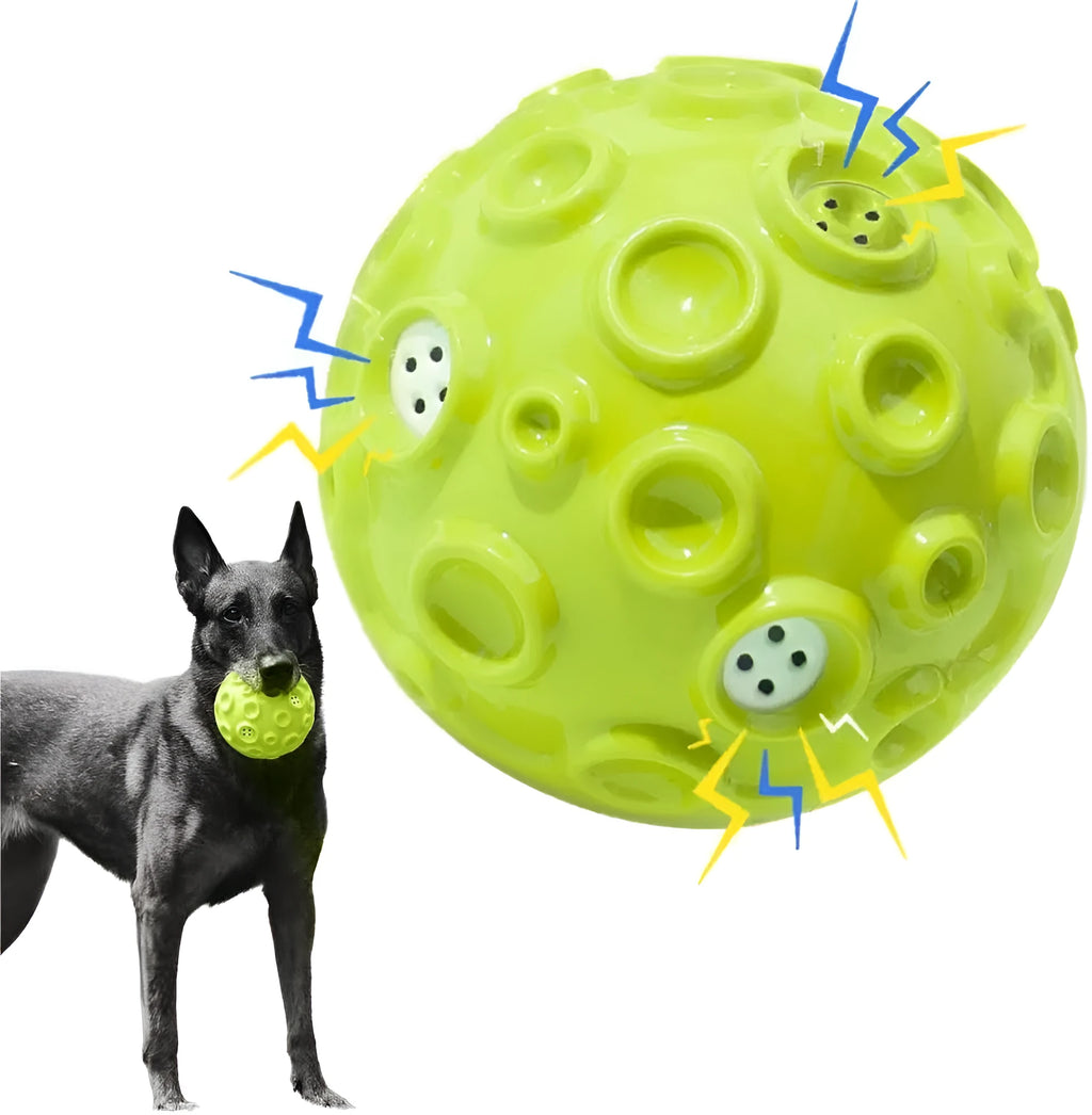 Durable dog chew toy ball with coloured rubber surface featuring tooth-cleaning bumps