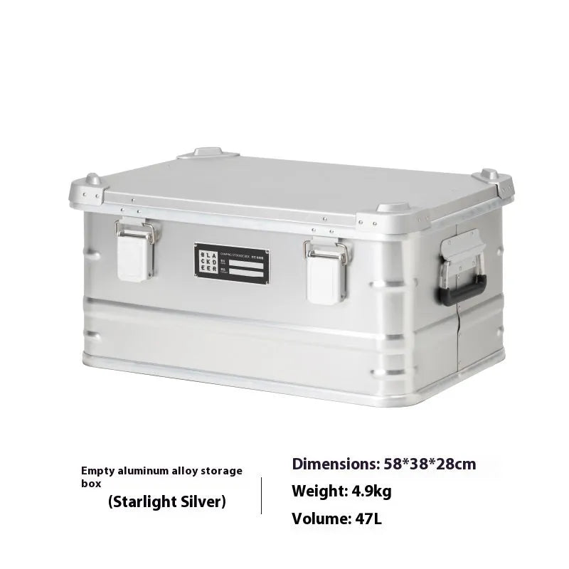 Field green aluminium alloy camping storage box with dimensions 58cm by 38cm by 28cm
