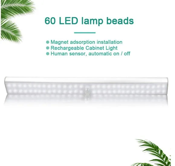 Rechargeable motion sensor LED light strip in cold white and warm white, showing adhesive backing.