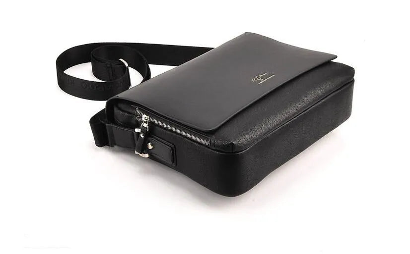 Men's PU leather messenger bag solid colour vertical model in Brown with cover closure and slit pocket