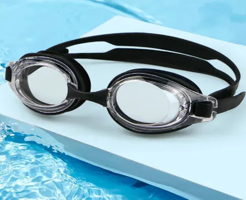 Black myopia swimming glasses with adjustable strap and protective case.