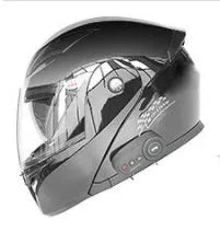 Motorcycle Bluetooth helmet with flip front dual lens visor, ABS shell, DOT ECE certified, available in black and white colours