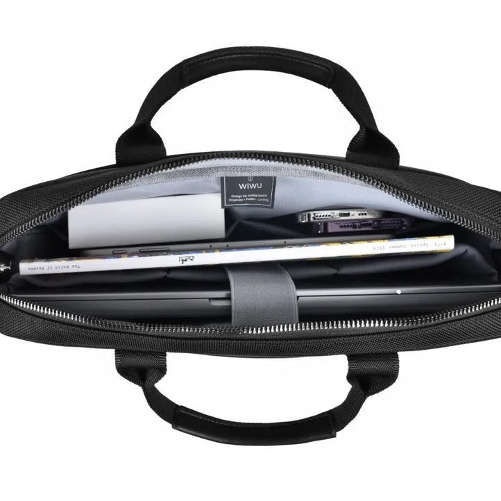 Black Oxford cloth laptop handbag showing multi-pocket organiser design and secure lock.