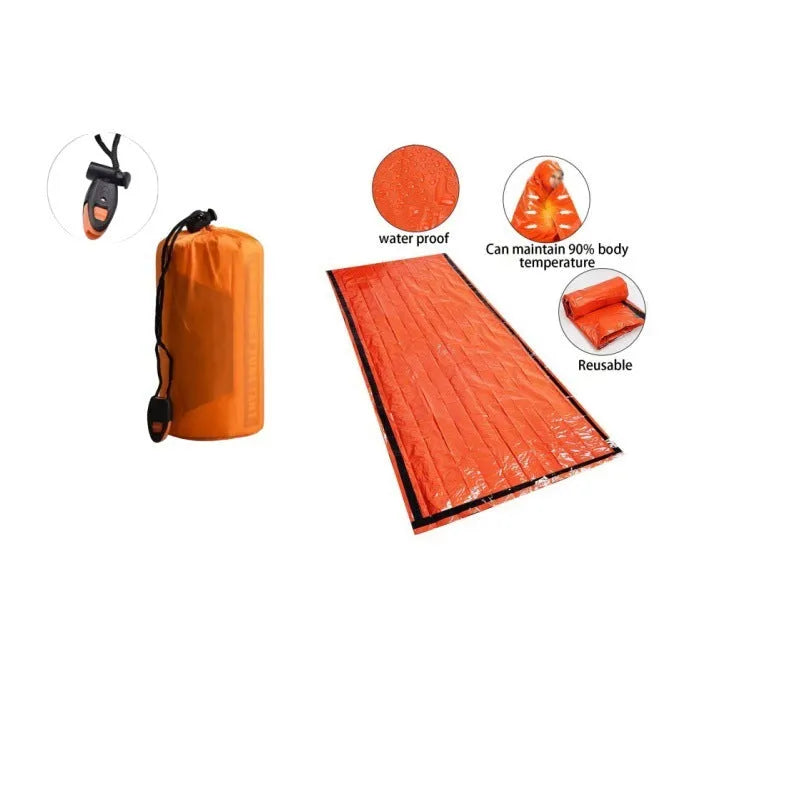 Emergency sleeping bag with aluminium film lining, envelope structure, 93x210cm, orange or green, with drawstring bag and whistle