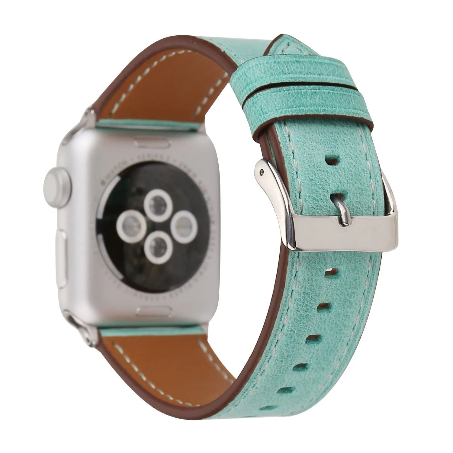 Blue leather watch strap with a silver folding buckle on a 42mm width setting.