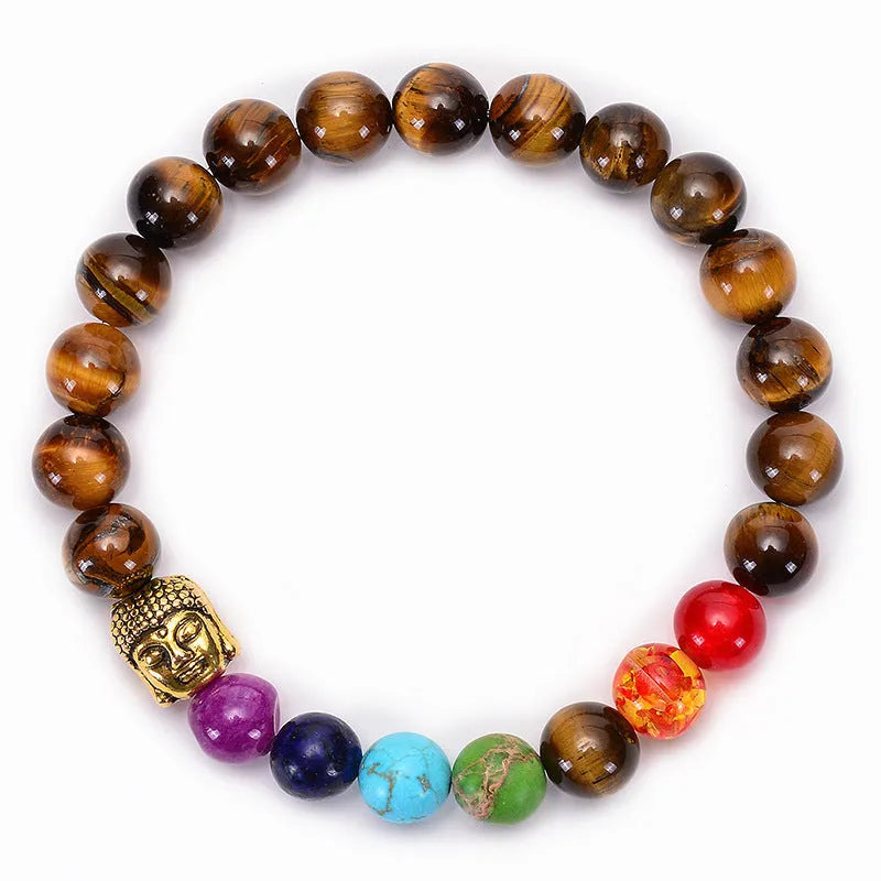 Seven chakra beaded bracelet with natural stone and tiger eye beads, adjustable rope, unisex design.