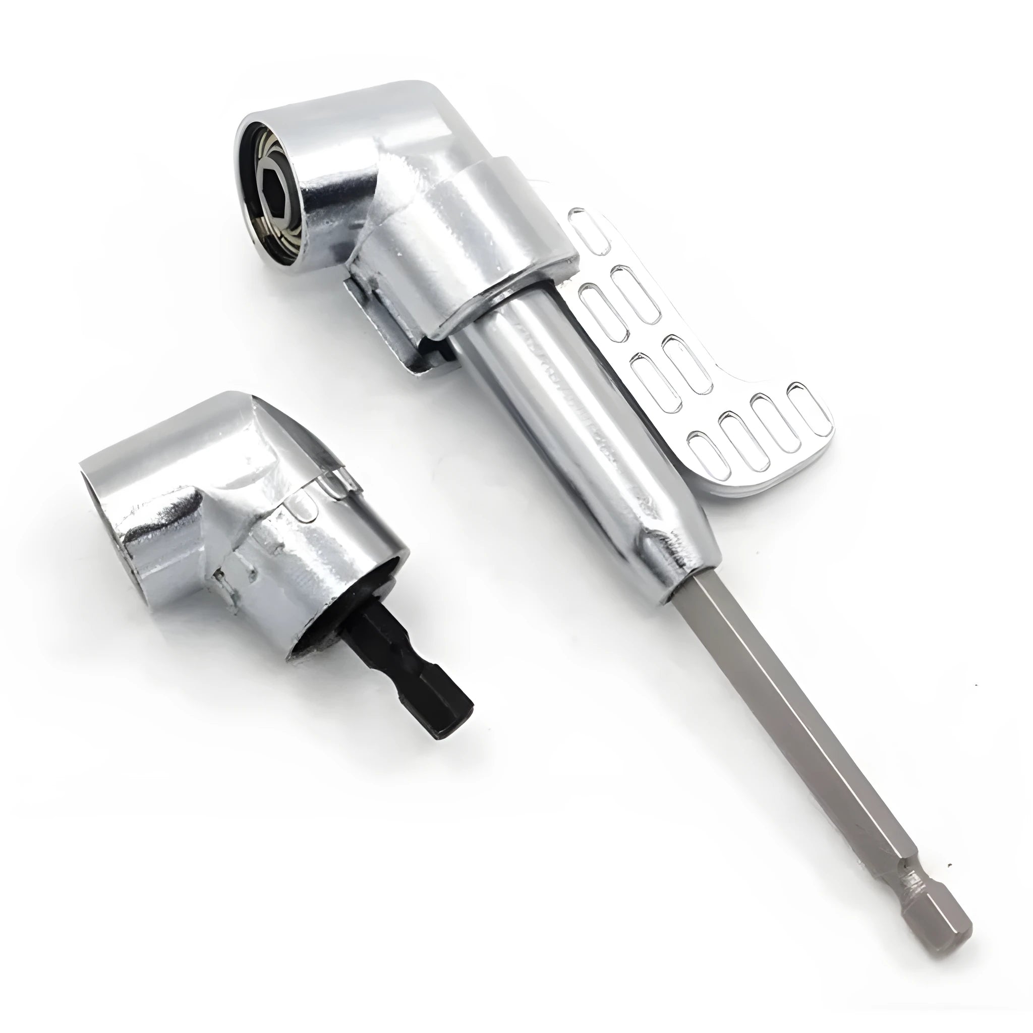 Silver 105 degree right angle driver with magnetic lock and 1/4in hex shank