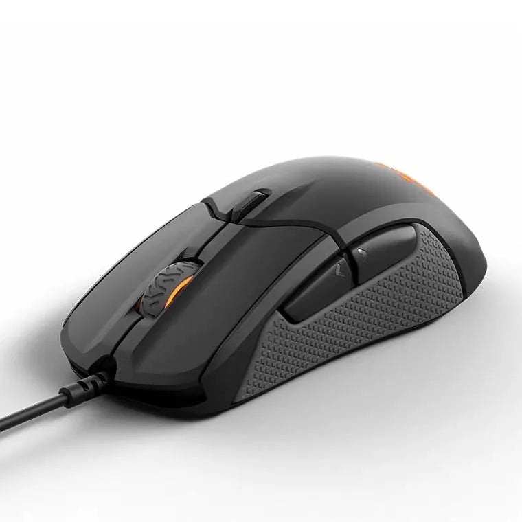 Black wired mechanical gaming mouse with 12000 DPI sensor and six programmable buttons on a desk