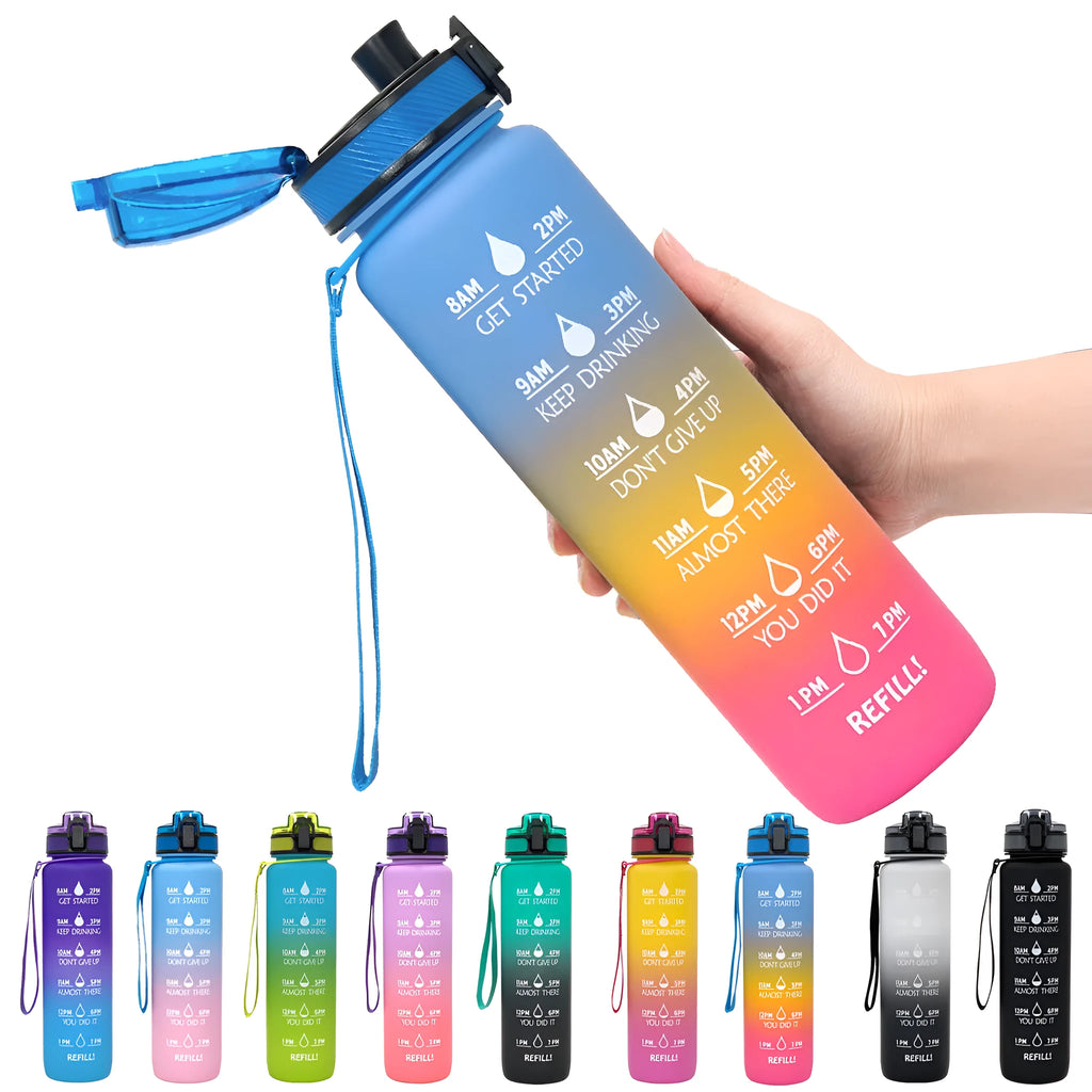Blue and red gradient 1-litre Tritan sports water bottle with time markers and a black bounce cover lid.
