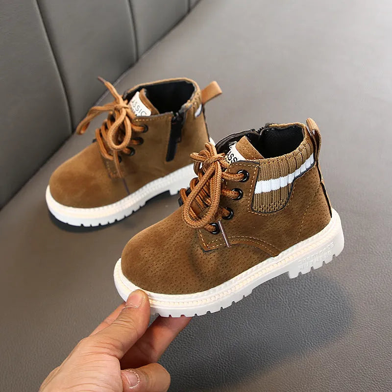Children's Martin snow boots with side zip, synthetic leather upper, rubber sole, thickened winter design, sizes 21-30.
