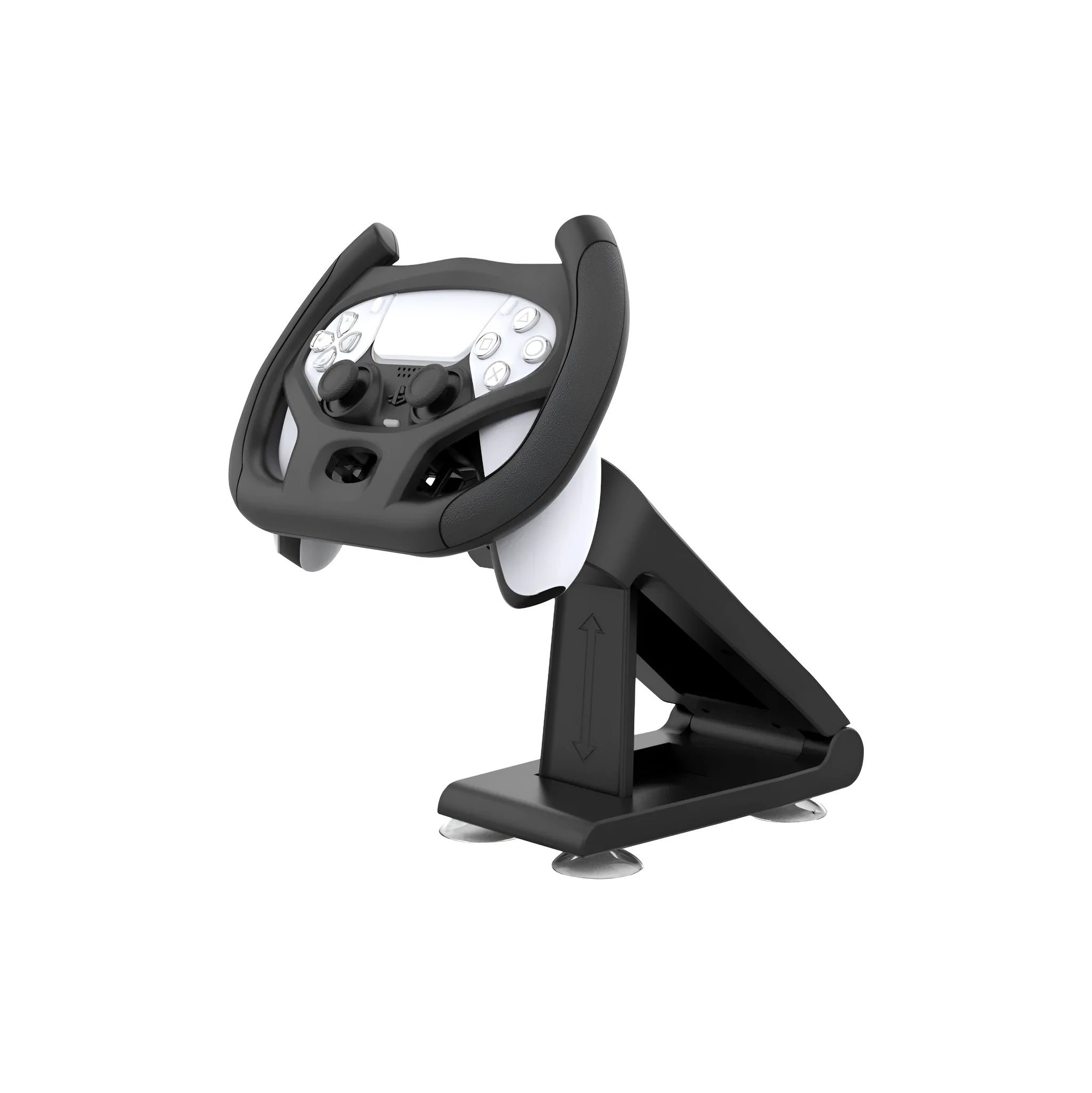 Black universal gamepad steering wheel bracket with suction cup for mobile phones, shown in colour box packaging.