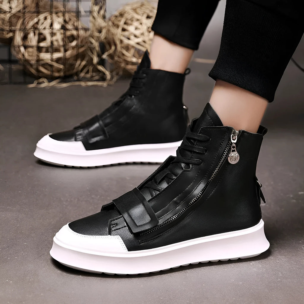 Men's black and white microfiber leather ankle boots in high-top sneaker style, shown with size chart.