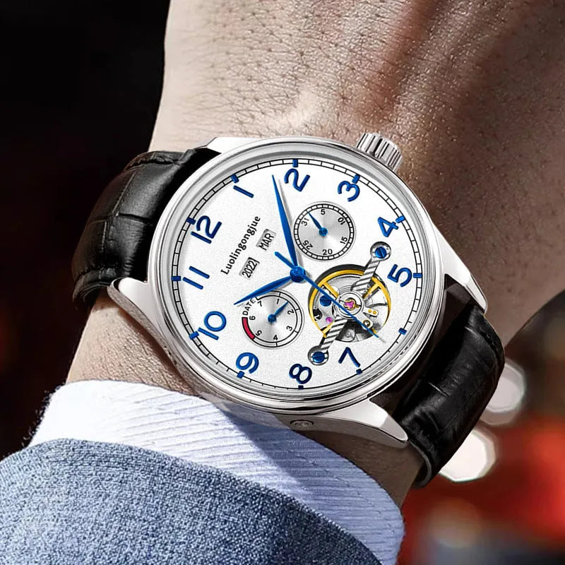 Men's stainless steel mechanical watch with leather strap and sapphire crystal glass.