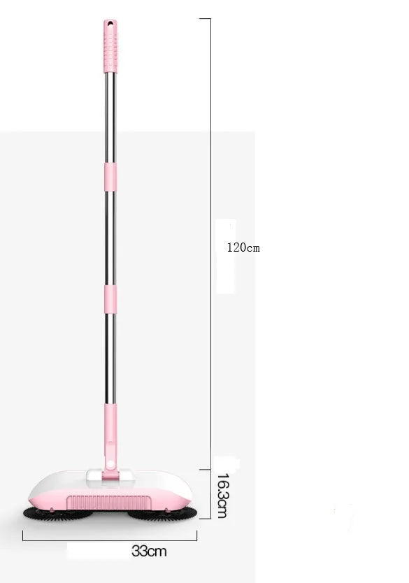 Pink hand push sweeper with rotating brush on floor shows broom dustpan mop all-in-one design