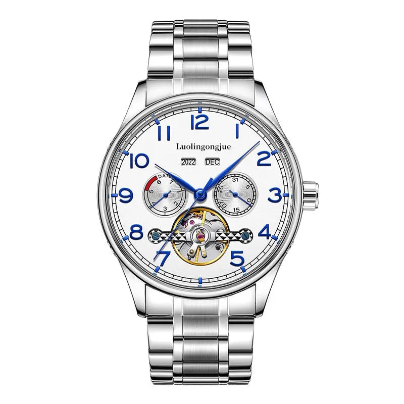 Men's stainless steel mechanical watch with leather strap and sapphire crystal glass.