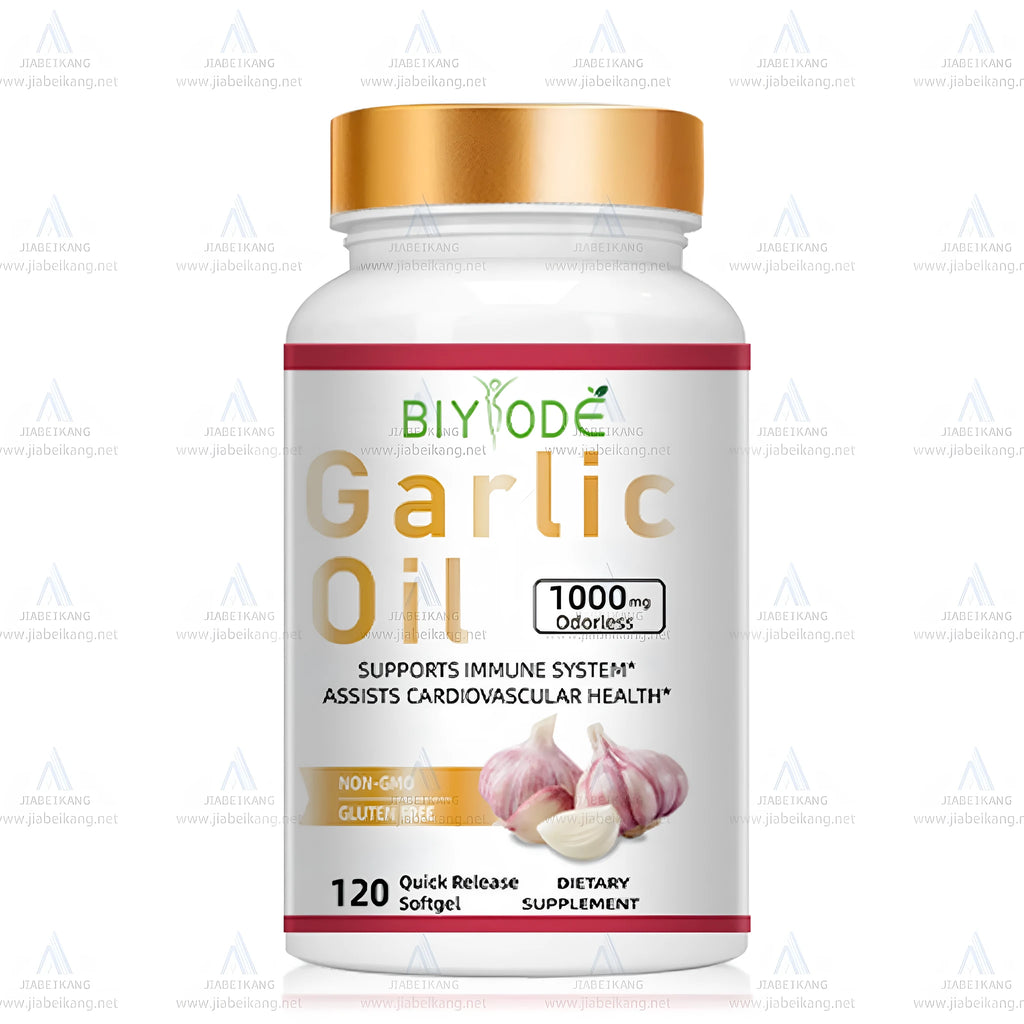 Bottle of Biyode odourless garlic softgel supplement with 60 softgels for heart health and immune support