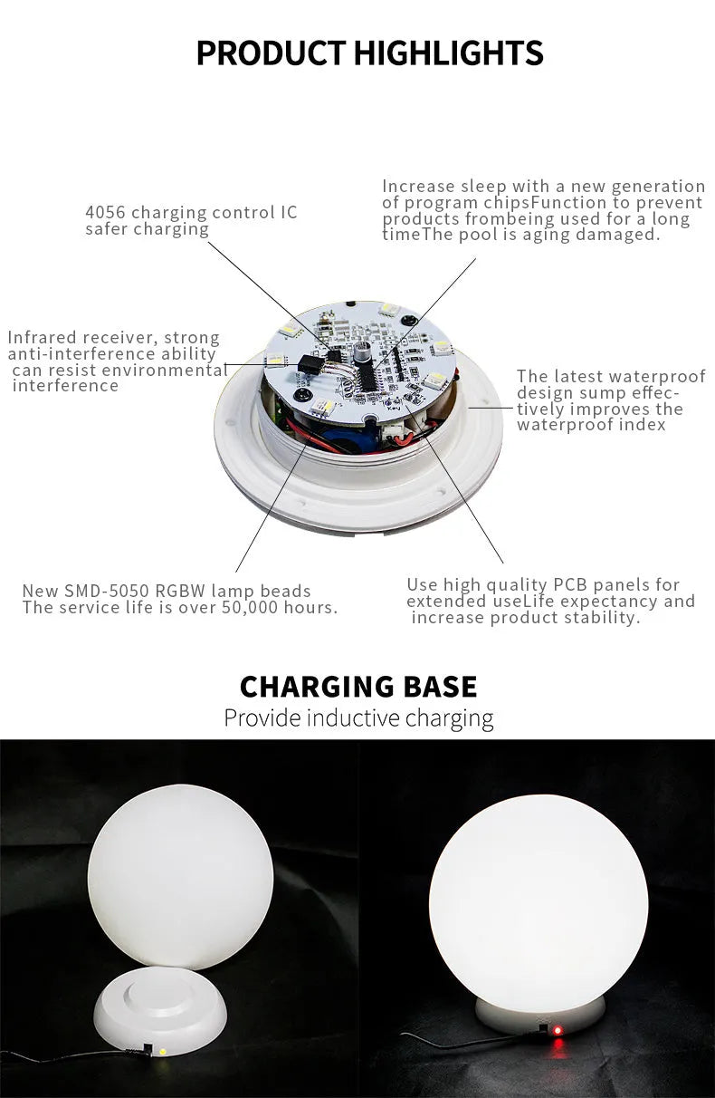 LED luminous ball lamp in garden setting with 16 colour options and remote control