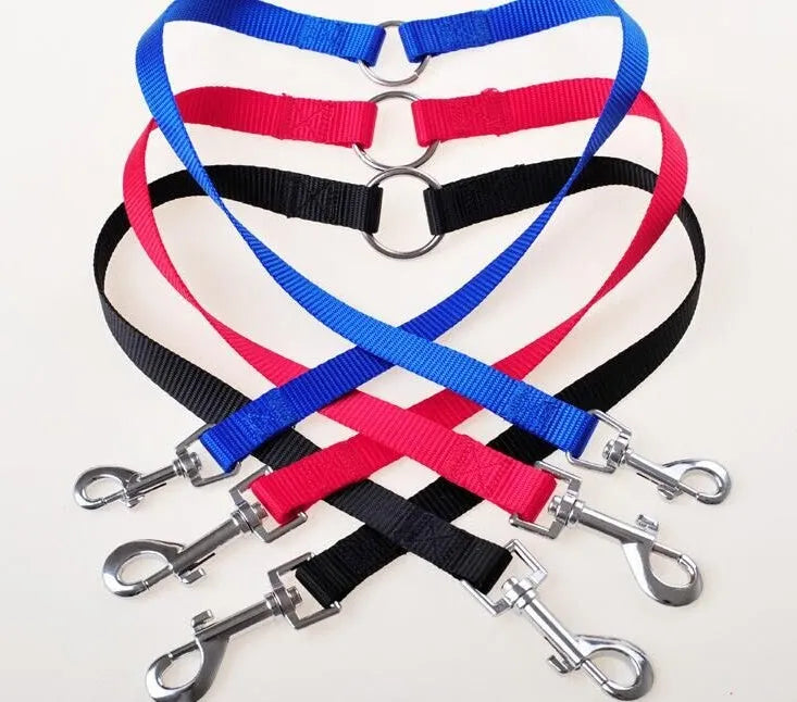 Nylon double dog lead coupler, 45cm long, in purple, red, blue, or black, sizes S M L