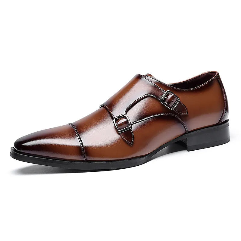 Men's black leather shoes with square toe design and low-top height for business formal wear