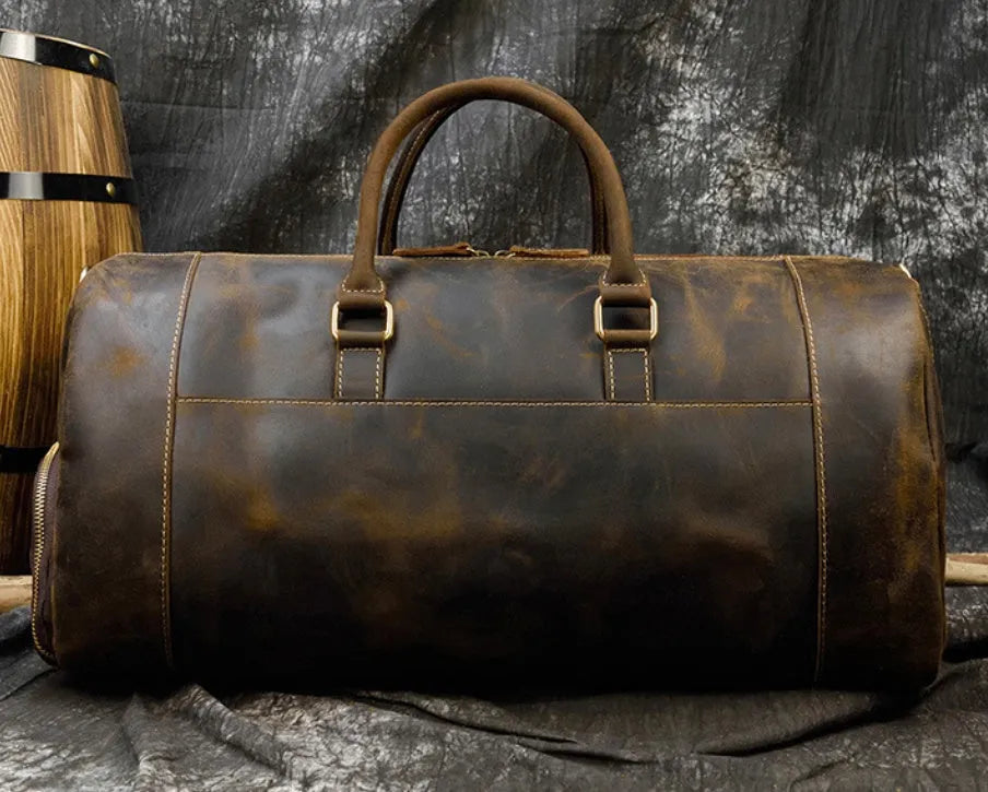 Retro crazy horse leather travel bag 22 inch 36-55L first layer cowhide in red brown or dark brown