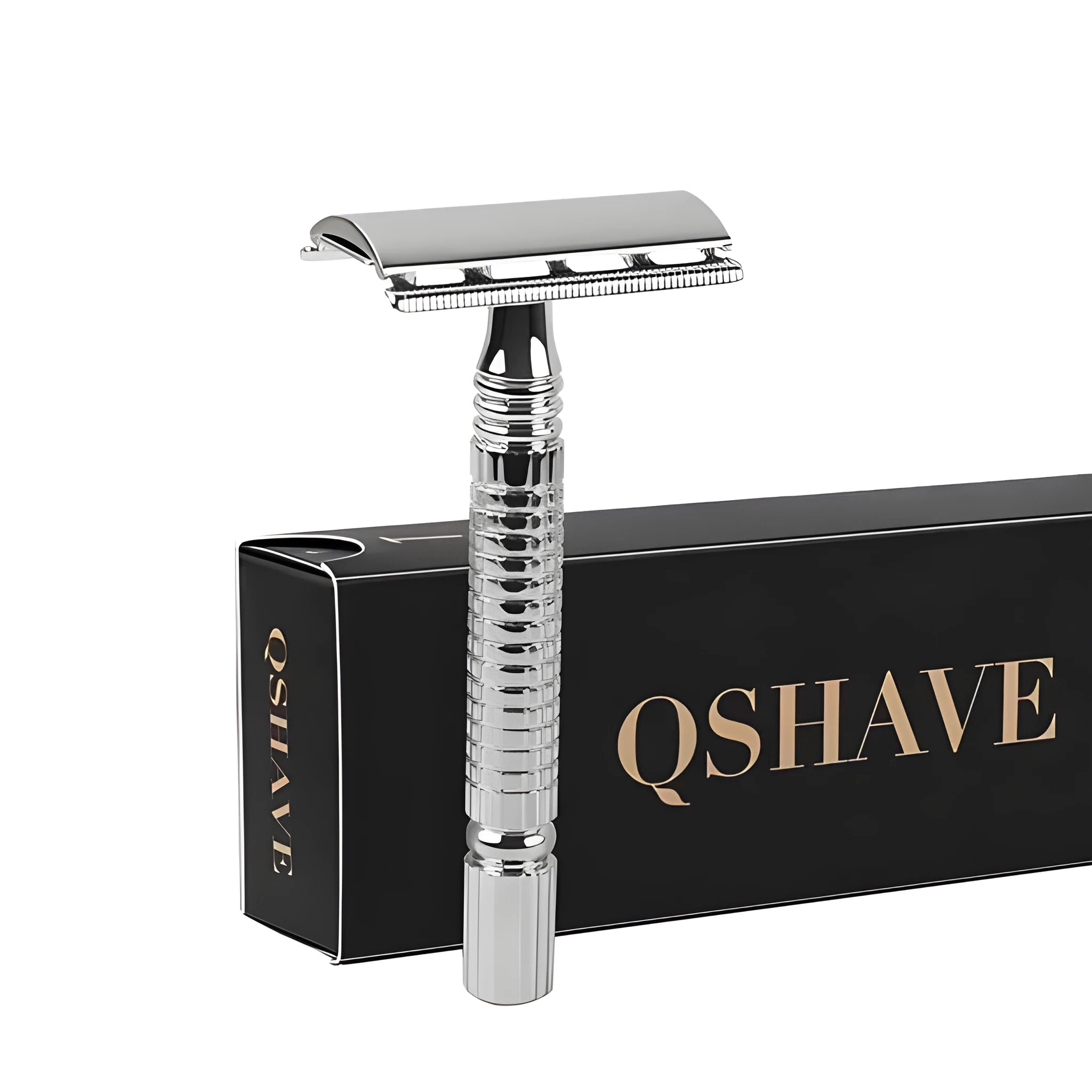 Chrome finished double edged safety razor with weighted handle and storage box