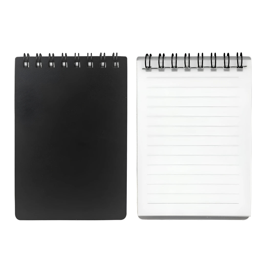Spiral-bound business notepad with transparent cover and included pen