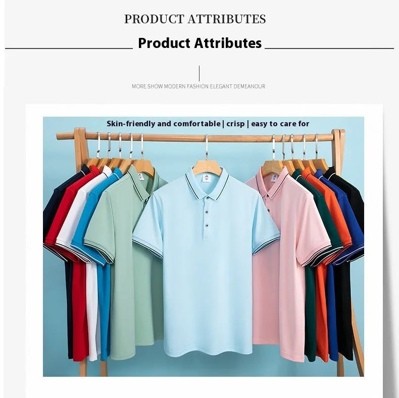 Short-sleeved beautician work polo shirt in cool silk cotton on a hanger, showing asymmetric detail and collar.