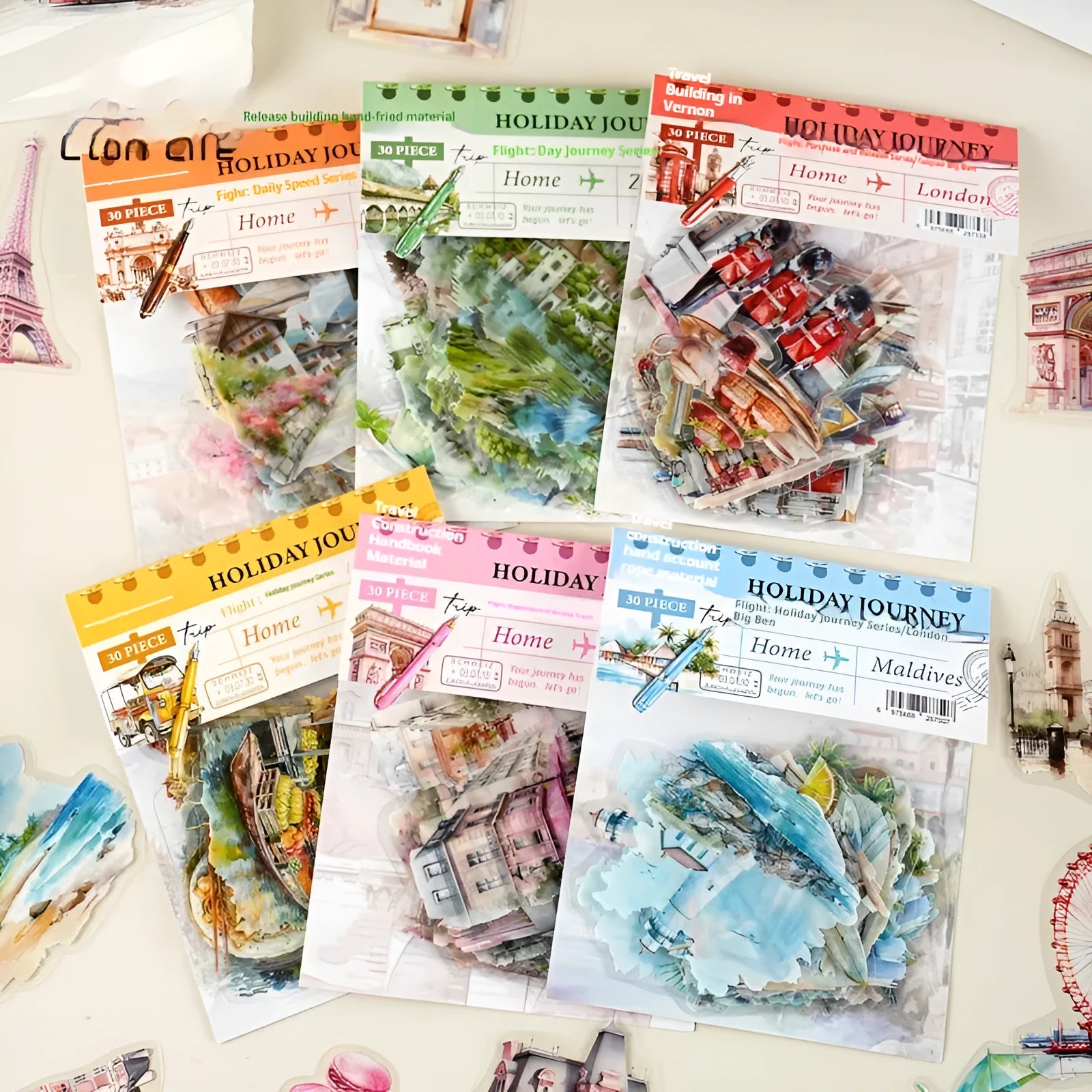 Retro-style travel sticker sheet featuring six landmark designs: Bangkok Grand Palace, London Big Ben, Maldives, Paris Arc de Triomphe, Rome Trevi Fountain, Zurich.