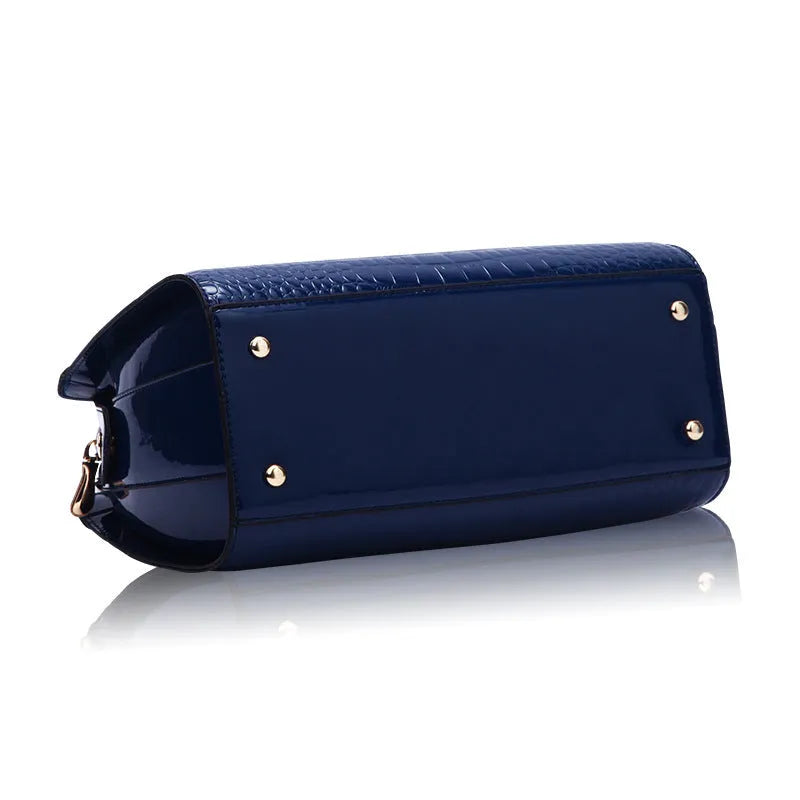 Large PU crocodile pattern ladies handbag in horizontal square shape with soft handle and zipper closure