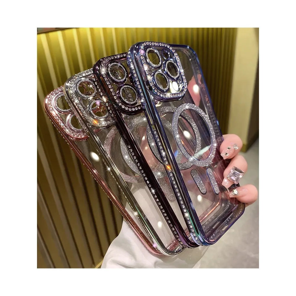 Wireless magnetic iPhone case in deep purple with a metallic electroplated back and soft silicone edges.