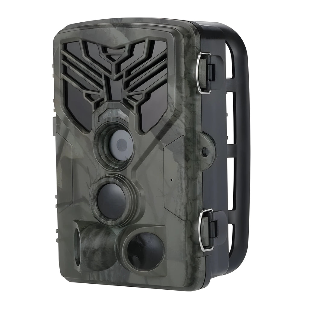 Wifi830 trail camera with camouflage pattern showing lens, infrared LEDs, and belt mount