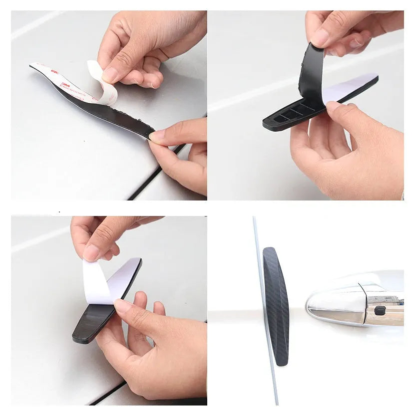 Black carbon fibre car door bumper anti-collision strip 140x25mm with reverse double-sided tape on vehicle door edge
