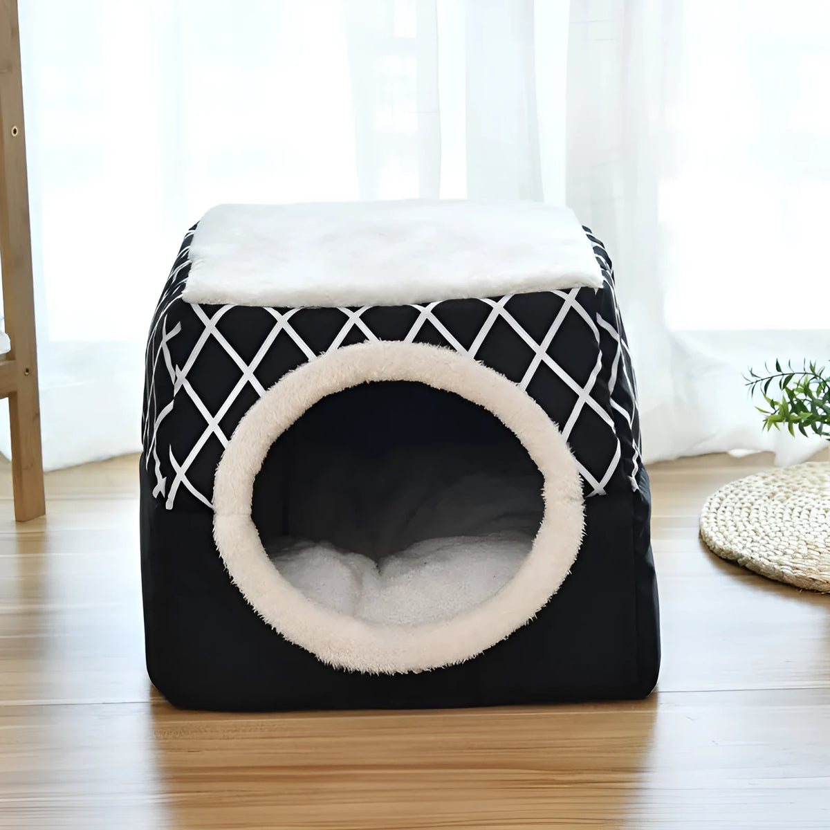 Grey space box cat nest with enclosed velvet cloth and sponge filling, L size